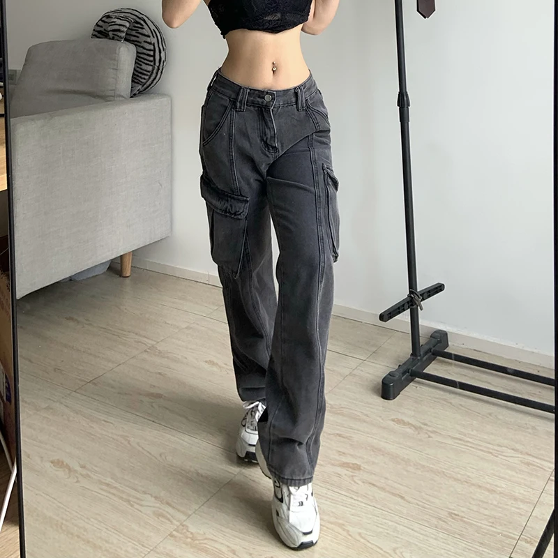 Women Y2k Cargo Jeans Big Pockets Vintage High Waisted Hippie Trousers Baggy Jeans New Korean Straight Sweatpants Emo Bottoms BFNew Women Y2k Grey Cargo Jeans Big Pockets Vintage High Waisted Trousers Baggy Straight Streetwear Korean Sweatpants Emo Bottoms black mom jeans