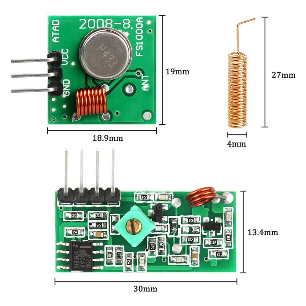 433 MHz 라디오 송신기 및 리시버 모듈, 433 MHz 안테나, 나선형 용수철 리모컨 3 개 세트
