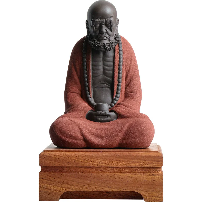Handcrafted Zisha Bodhidharma Statue - Zen Buddha Figurine for Tea Table, Chinese Kung Fu Decor, Meditation Office Art, Clay Scu