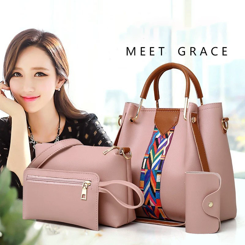 

4Pc/set Pu Leather Bags Stylish One-Shoulder Messenger Diagonal Span Women's Bag Tote Wristlet Purse Shoulder Handbag