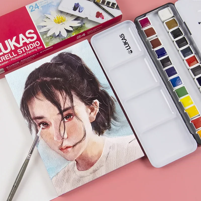 Lukas Travel Watercolor Paint 24 Colors Half Pans Transparent Watercolor Painting Brush Sketchers' Portable Palette Metal Box - 2