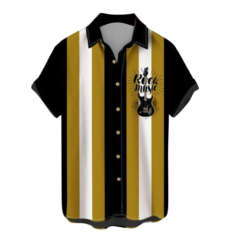 thumbnail image 1 of Camisetas con gráficos de guitarra musical para hombres, ropa con estampado 3D, camisetas de rock hip hop, camisetas de manga corta para playa Ahloa, blusas con solapa para hombres, 1 of 4