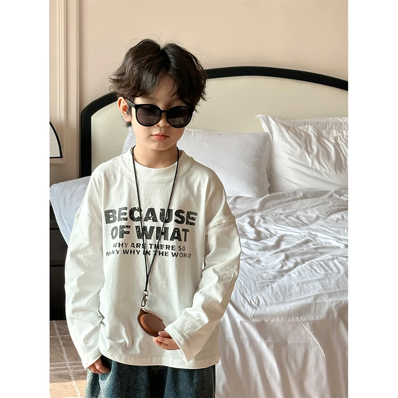 

Детская модная футболка в Корейском стиле с буквенным принтом, повседневный топ из чистого хлопка с круглым вырезом, мягкая Свободная блузка с длинными рукавами для мальчиков и девочек