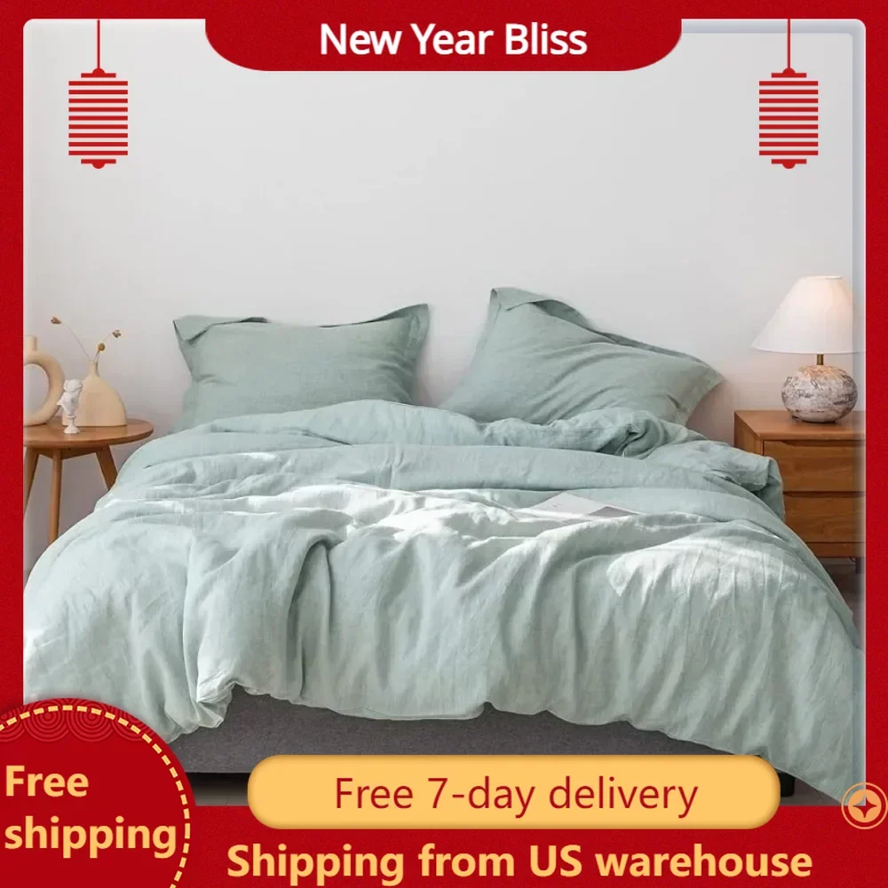 

King size bed, style stone wash piece 1 duvet cover 2 pillows soft breathable mint green, 100% linen duvet cover set