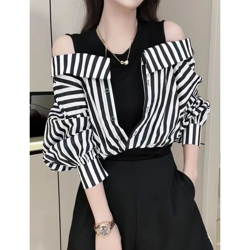 Korean Casual Striped Spliced Fake Two Pieces Shirt for Female Fashion All-match Off Shoulder Blouse Autumn Women's Clothing