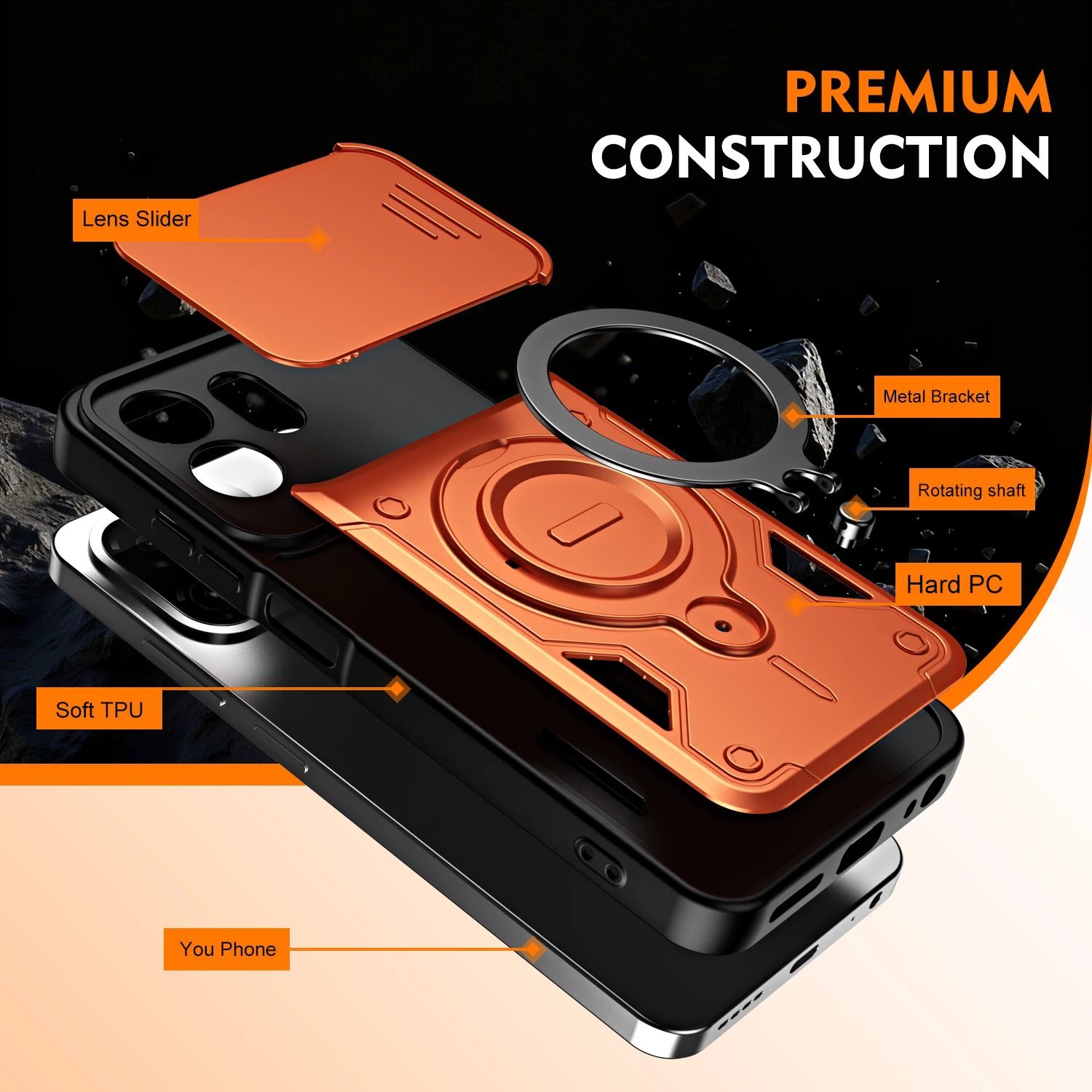Rugged Armor Shockproof Phone Case with Slide Camera Lens Protection & Ring Stand