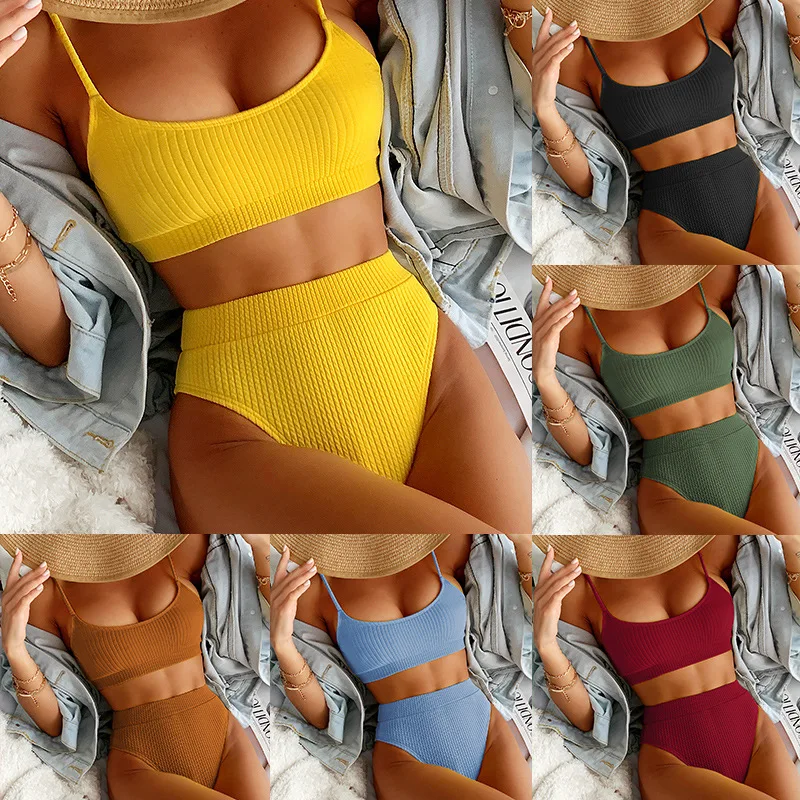 

Spring and summer European and American new spiral pit strip, U-shaped high-waisted bikini sexy swimsuit, swimwear woman