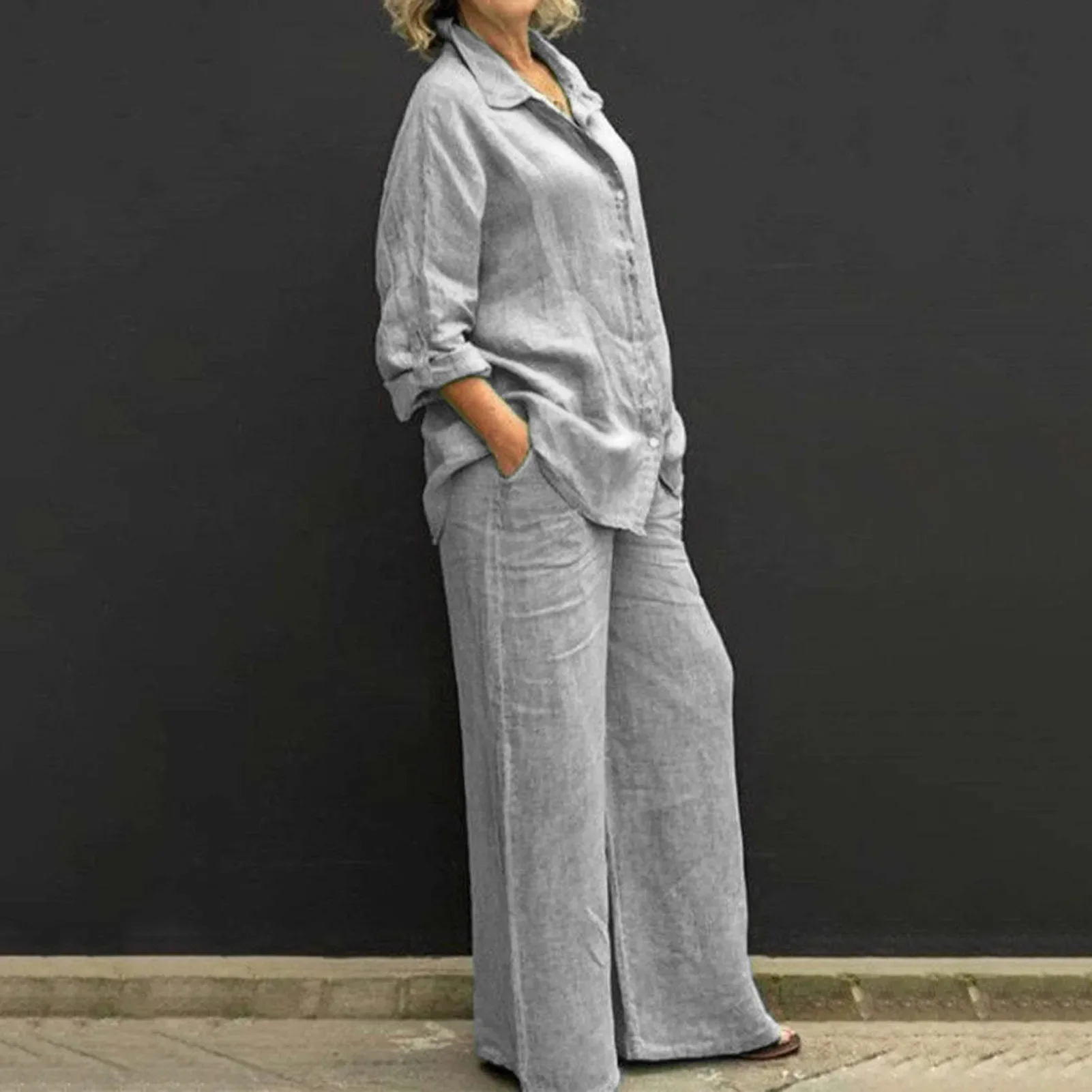 Women Autumn Cotton Lapel Shirt Two Pieces Set Vintage Solid Long Sleeve Button Blouse and Loose Straight Pants Casual Suits