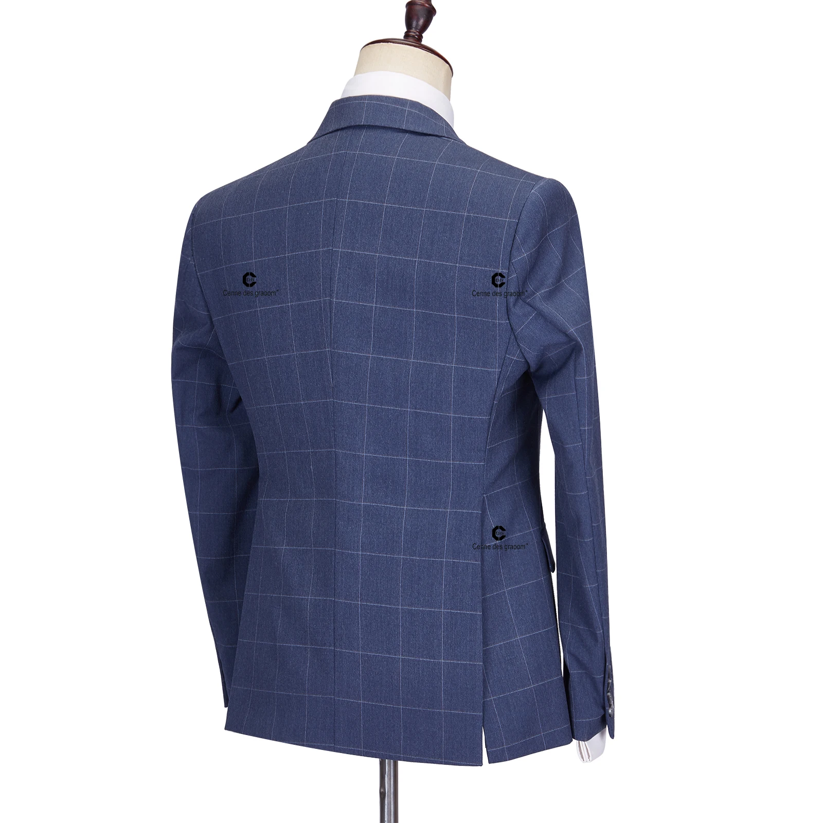 Cenne Des Graoom Tailor-Made Blue Plaid Men suits Slim Fit Jacket Vest Pants 3 Pcs Set Groom Business Office Meeting Party