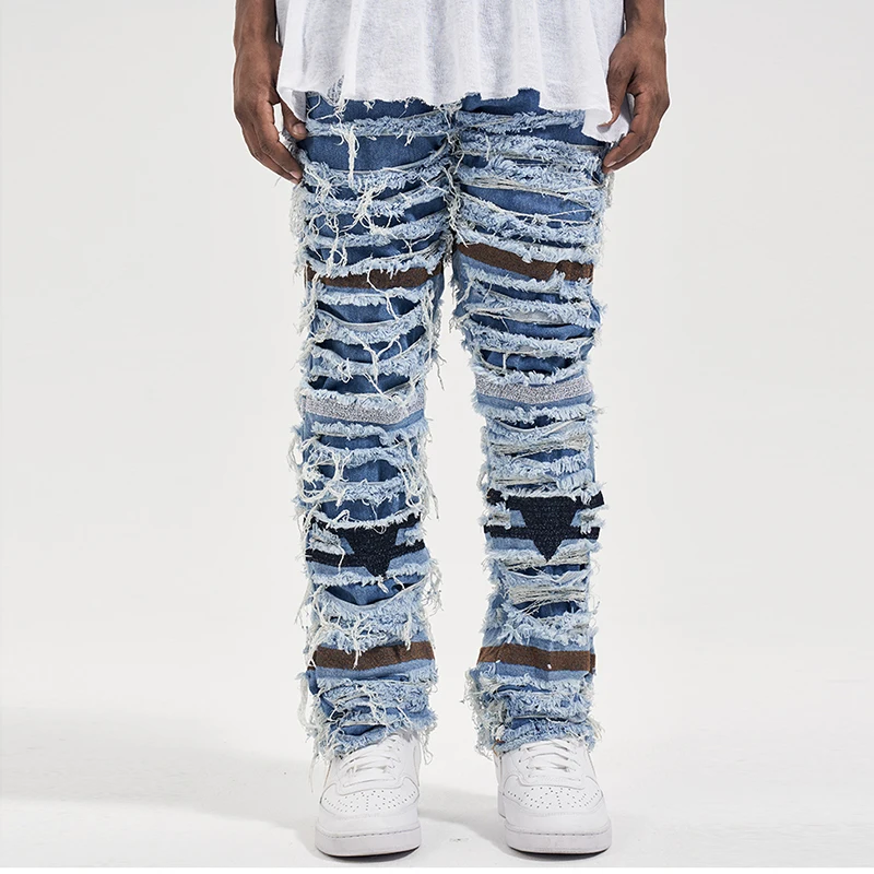 

Retro Ripped Hollow Out Frayed Casual Jeans Men's Hole Straight Distressed Denim Pants Streetwear Baggy Washed Jean Trousers