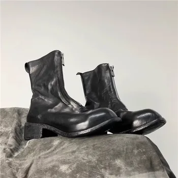 British Men Shoes Chunky Heel Front Zipper Chelsea Boots Vintage Handmade Genuine Leather Premium Women Mid Calf Work Boots