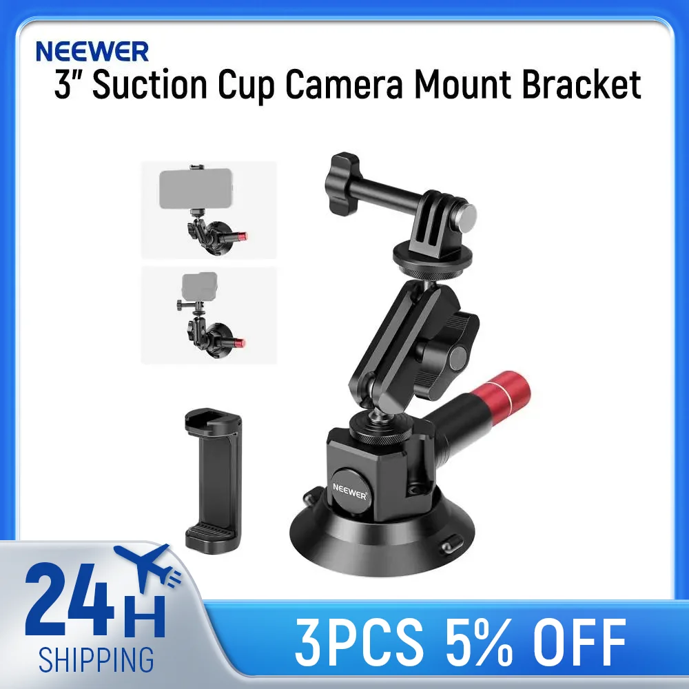 Neewer 3" Suction Cup Camera Mount Bracket with Ball Head Magic Arm, Quick Release Car Mount For iPhone DJI Insta360