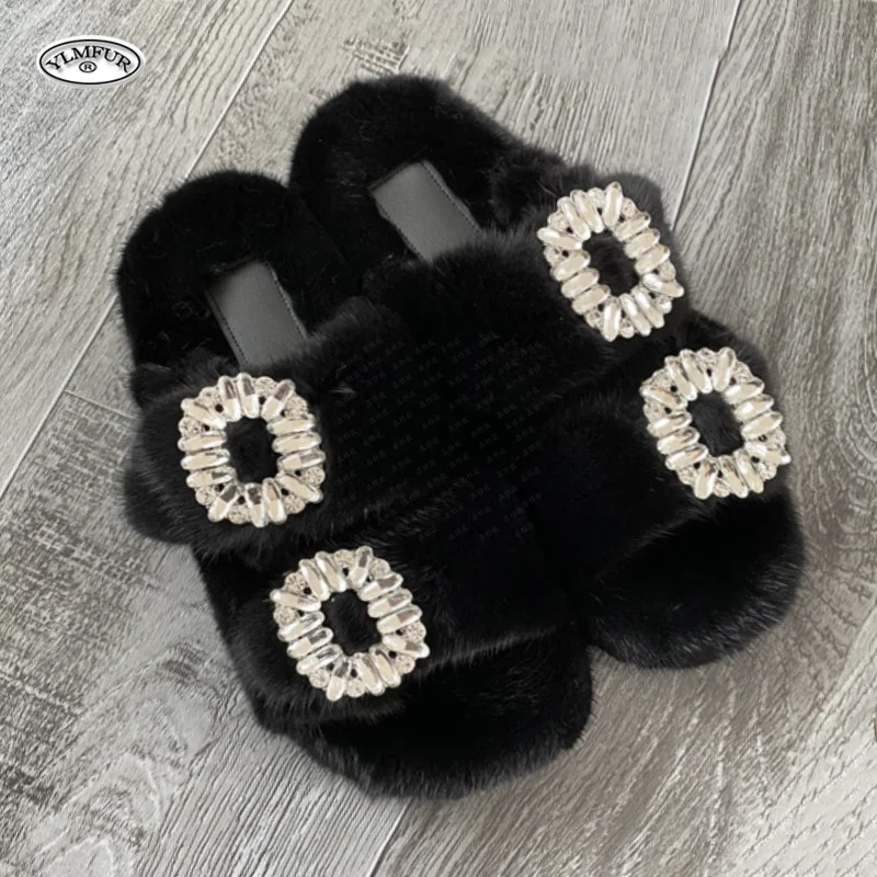2025 New Women Fur Slippers Shoes Women Warm Winter Crystal Fur Shoes For Slippers Casual Plush Comfortable Mink
