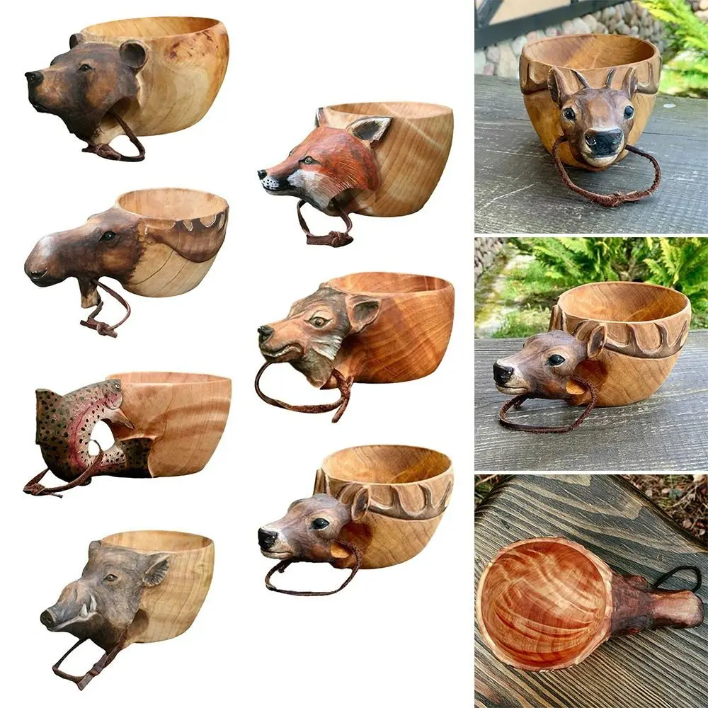 1PC Animal Shape Hand Carved Cup Wooden Mug Camping Coffee Cup Gear