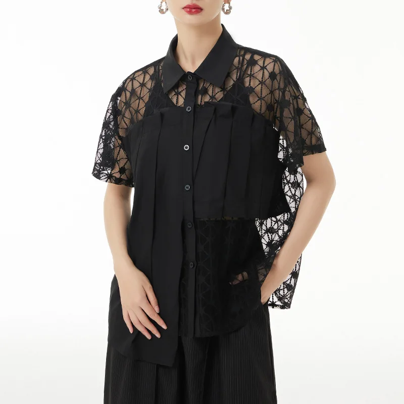 

Американская Популярная кружевная плиссированная прозрачная рубашка с коротким рукавом, женская блузка, летняя уличная одежда, готические Свободные повседневные топы 2101