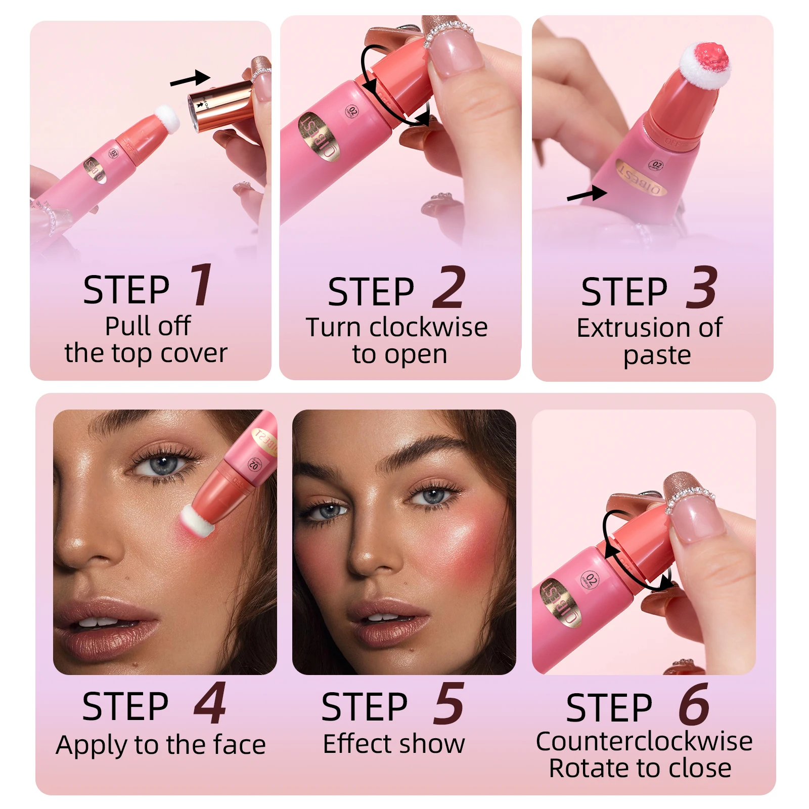 QIBEST Liquid Contour With Cushion Applicator For Cheeks Tint Natural Shimmer Finish Moisturizing Creamy Liquid Blush Highlight 6