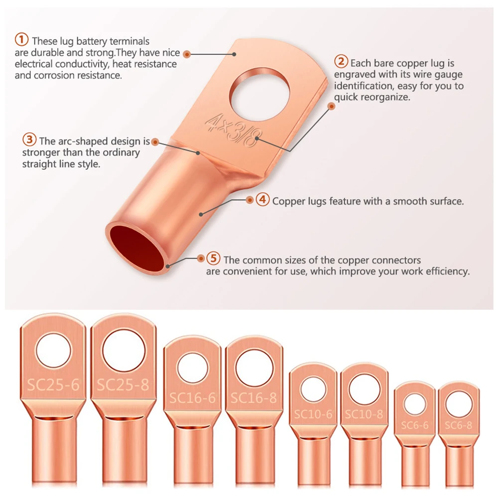 Wire connectors heat shrink terminal heat shrink connector battery connector 120Pcs copper wire lug AWG2 4 6 8 10 60Pcs battery cable ring terminal connector 60Pcs heat shrink tube combination kit