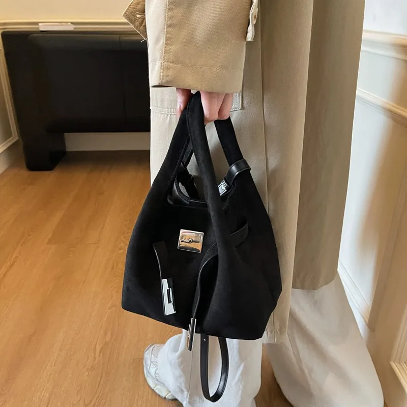 Faux Suede Vintage Tote Bag Large Capacity Casual Handbag Solid Color Simple Crossbody Bag Travel Shopping Date Handbag