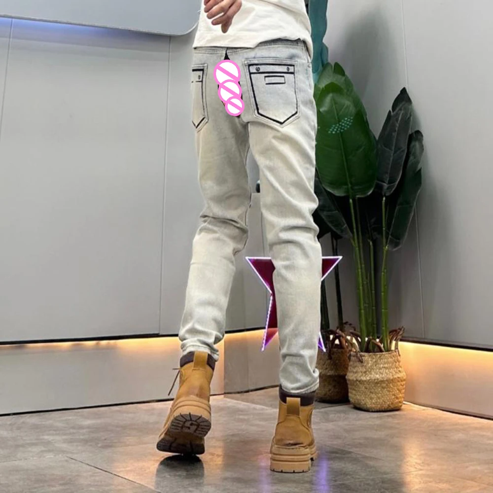 Locomotive Men Invisible Open Crotch Outdoor Sex Ripped Jeans Men's Old Vintage Casual Pants Exotic High Street Elastic Slim 2