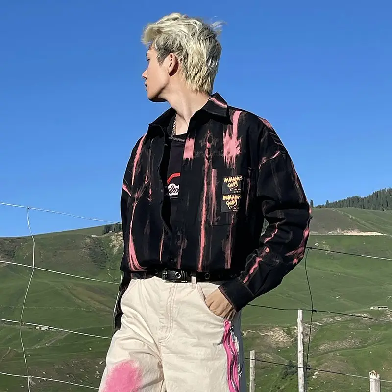 

American California Retro Pink Black Tie Dye Loose Casual Shirt Men Long Sleeve Button Up Shirt Women 2022 Autumn Large 3XL Tops