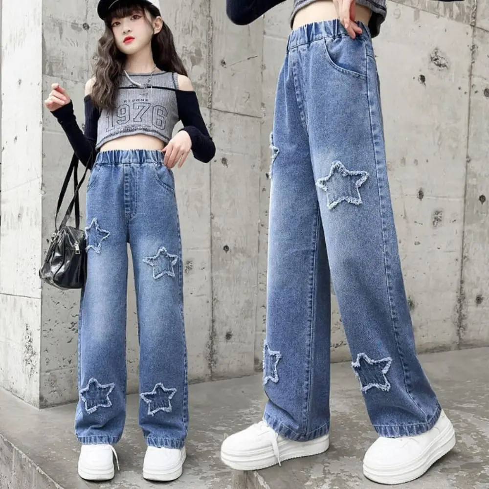 Ins Embroidered Stars Teens Girl Jeans Loose Wide Leg Children Y2K Jeans High Waist Cowboy Pants Girls Denim Trousers Girls Gift