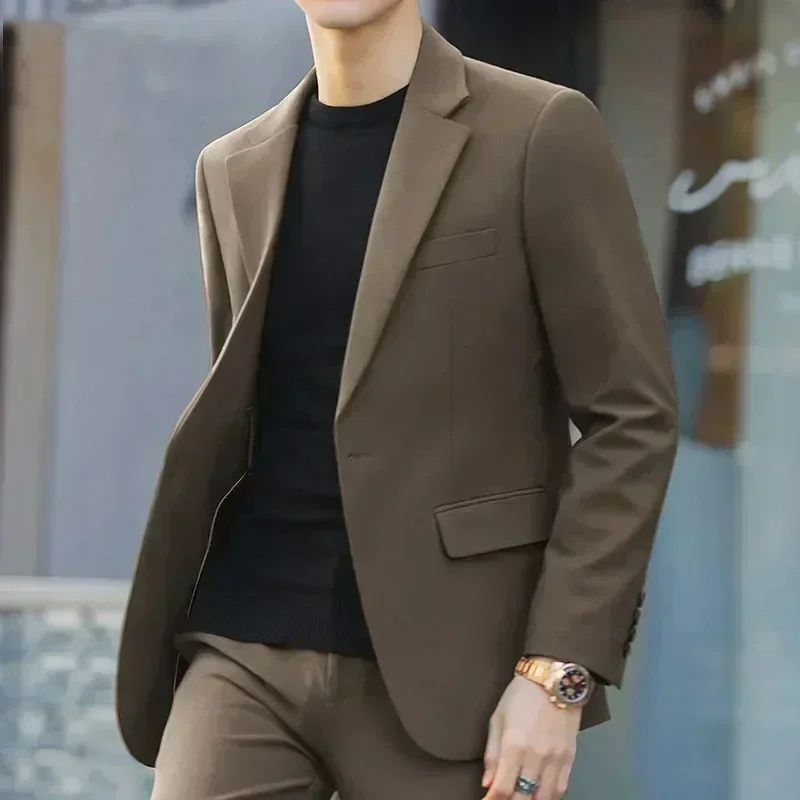 

S-6XL Men's Business Casual Suit Korean Style Trendy Slim Fit 2 Piece Set Solid Color （Blazer+ Pants )Groom Wedding Dress Party