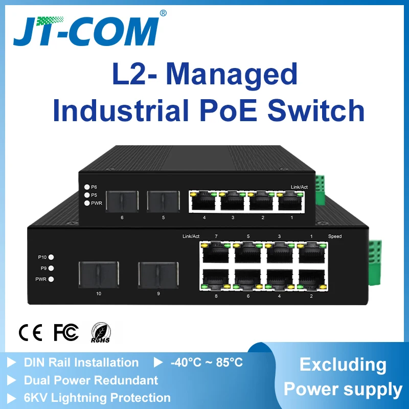 Interruptor Poe Jt-com-industrial Portas 10 100 1000mbps Mais Slots Gigabit Sfp Trilho Din Padrão Ip40 Iee802.3af at
