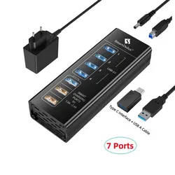 Ultra - Fast Aluminum USB 3.0 Hub with LED Light and Power Adapter (7 Ports EU Plug AC)