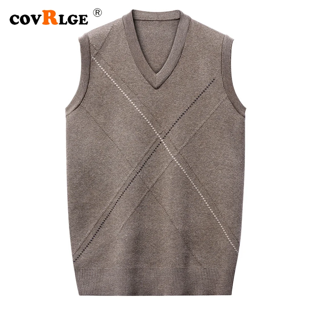 Covrlge Autumn New Men's Thickened Jacquard Vest Sleeveless Knitted Vest Jacquard V neck Yarn-dyed Casual Waistcoat Male MZB008