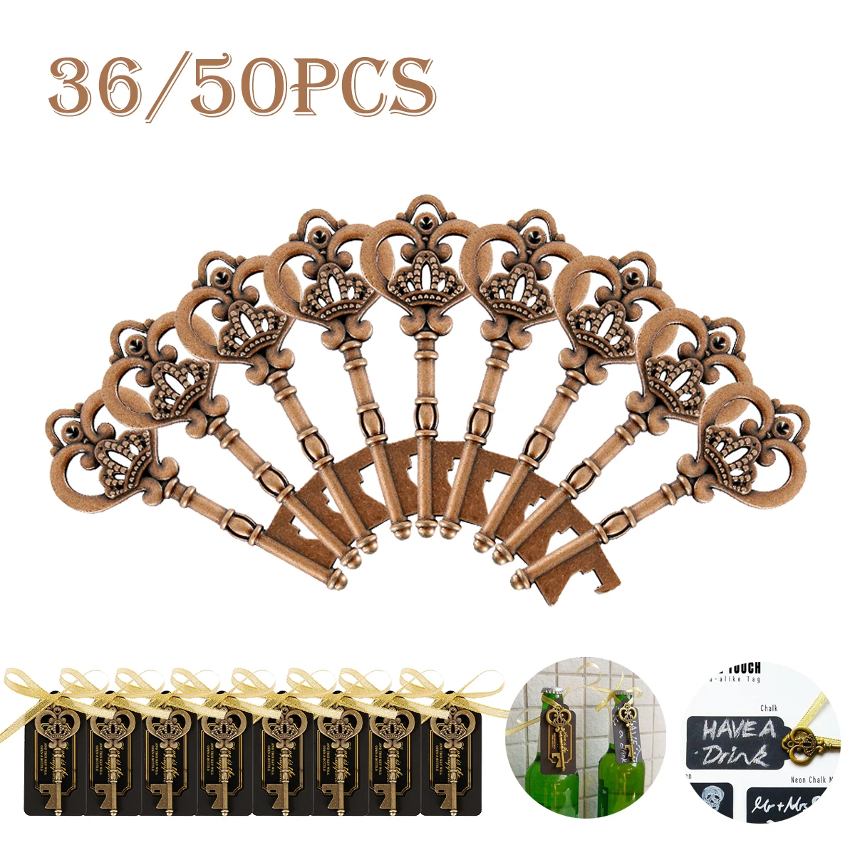 36/50PCS DIY 웨딩 키 오프너 호의 레트로 위스키 맥주 와인 금속 키 체인 태그 카드 기념품 파티 선물 인사말 카드