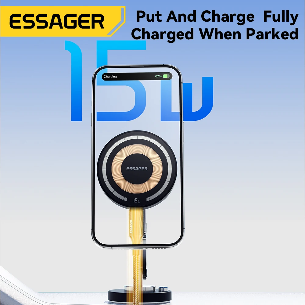 Essager 15W 자기 무선 자동차 전화 홀더 텔레스코픽 360 학위 자동차 마운트 아이폰 15 14 삼성 유니버설 홀더 스탠드