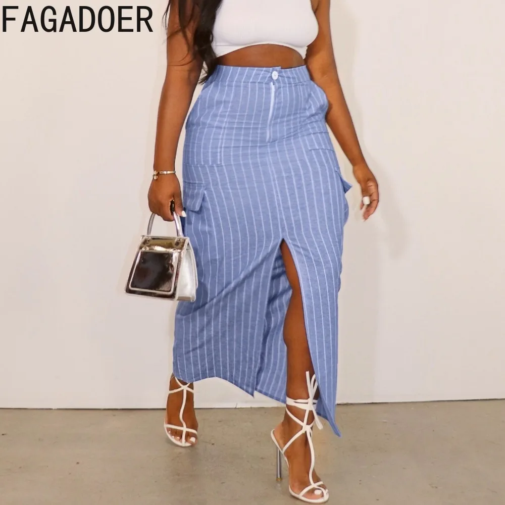 FAGADOER Blue Casual Stripe Printing Slit Skirts Women High Waisted Button Pocket Skinny Skirt Casual Female OL Matching Bottoms find pocket note blue grid блокнот