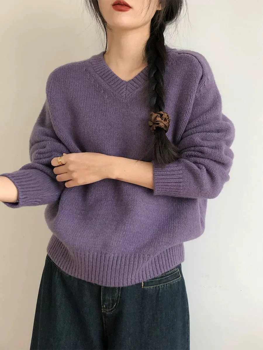 Autumn/Winter New Cashmere Sweater Women's V-Neck Knitted Pullover 100% Pure Wool Thick Tops Casual Loose Fashion Korean 3