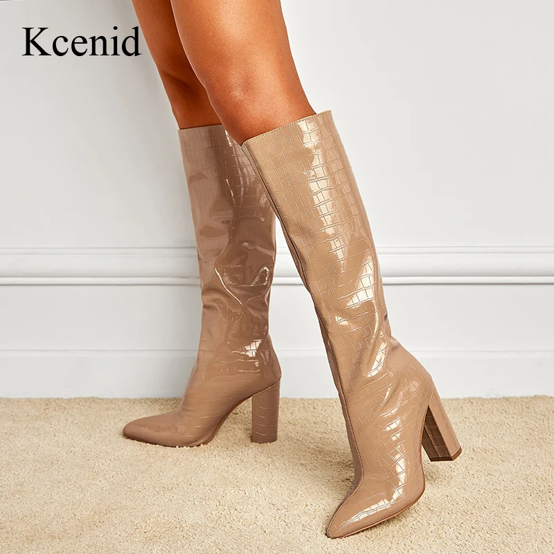 

Kcenid 2022 Autumn Women Sexy Snake Print Chunky Heels Knee High Boots Fashion Pointed Toe Slip On Female Motorcycle Long Boots