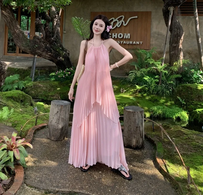 Pink Chiffon Holiday Beach Pleated Two Piece Set For Women Off