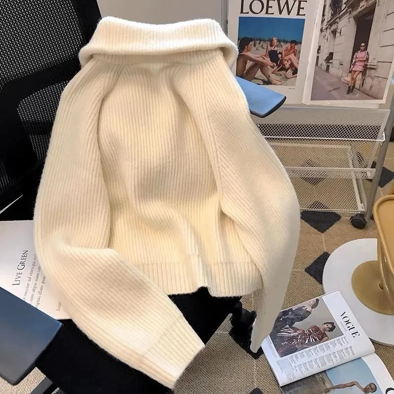 Autumn Winter 2024 Double Zipper Vintage Flip Collar Women Knitted Cardigan Sweater Jacket Student Korean Version Ladies Top 6