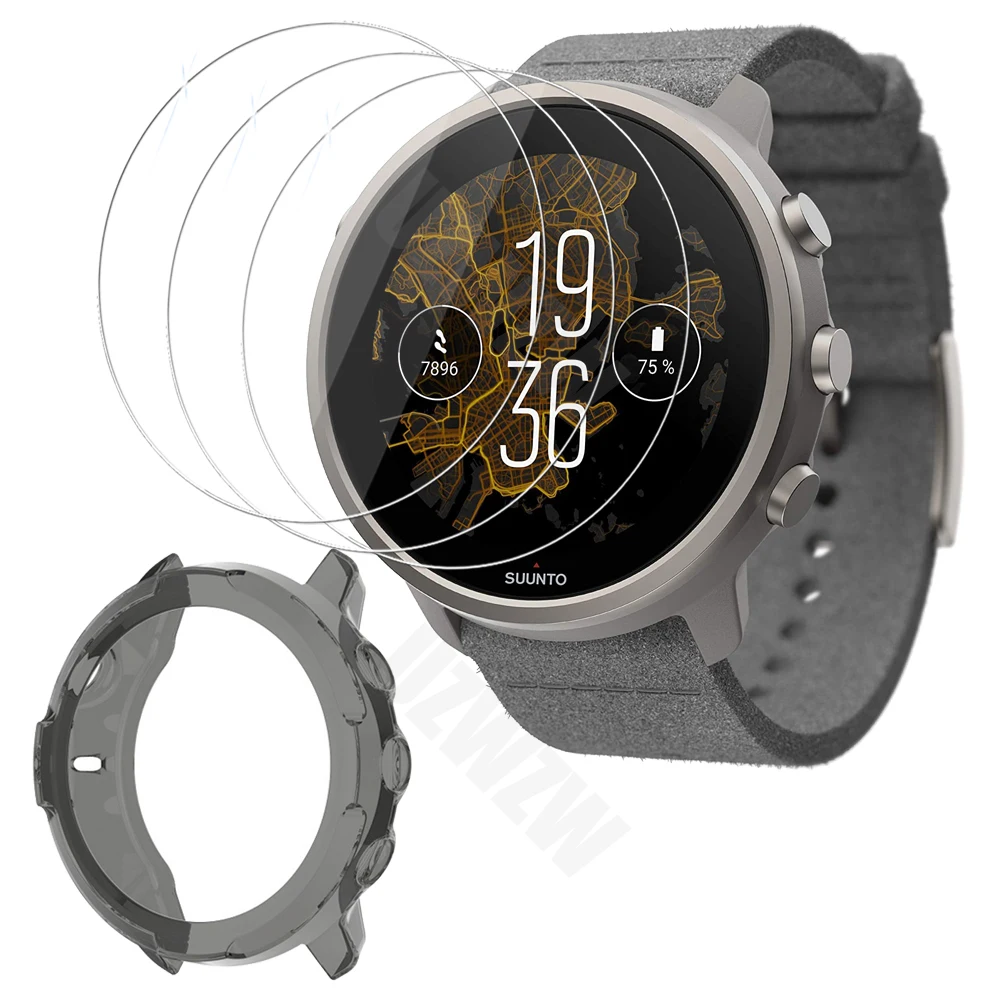

(3+1) For Suunto 7 Smart Watch (3pcs) Screen Protector Tempered Glass and (1pcs) Soft TPU Protective Case Cover