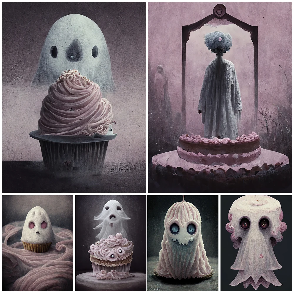 

Creepy Spooky Ghost Cream Cake Vintage Wall Art Canvas Painting Gothic Devil Dessert Art Poster And Print Home Decor Unframed