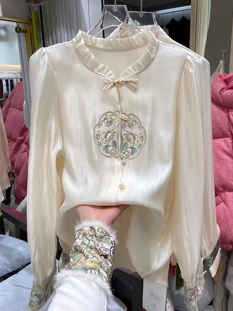 Vintage Blouse Women Ruffle Neck Embroidery Blouse Single-breasted Long Sleeve Shirts Shirts Luxury Brand Women Clothing White