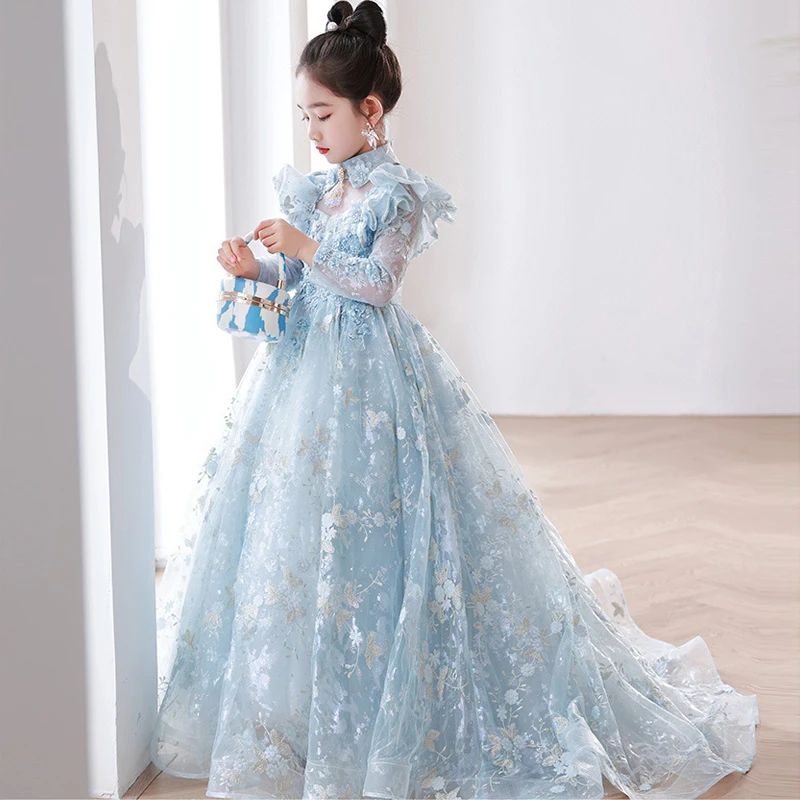 Kids Light Blue Embroidered Dresses for Girls Wedding Elegant Party  Birthday Dress Cute Child Luxury Pageant Long Evening Gowns - AliExpress  1501