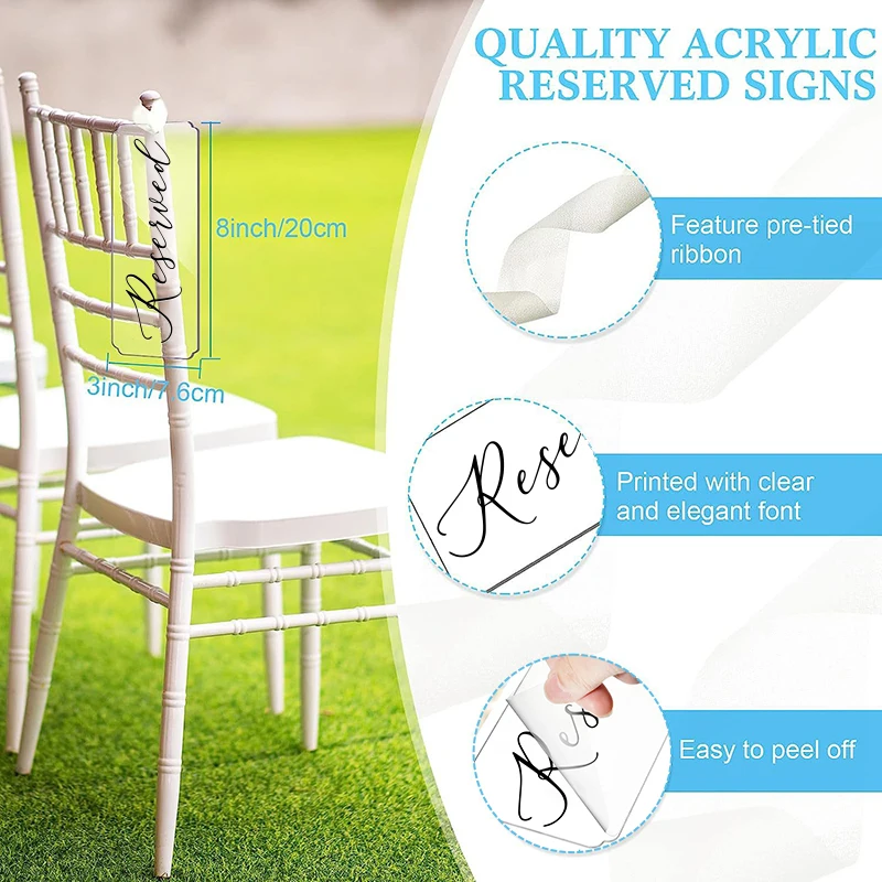 6Pcs Chairs Acrylic Reserved Tag Seating Sign Hanging Reserved Signs With Ribbon for Birthday Wedding Party Restaurant Supplies