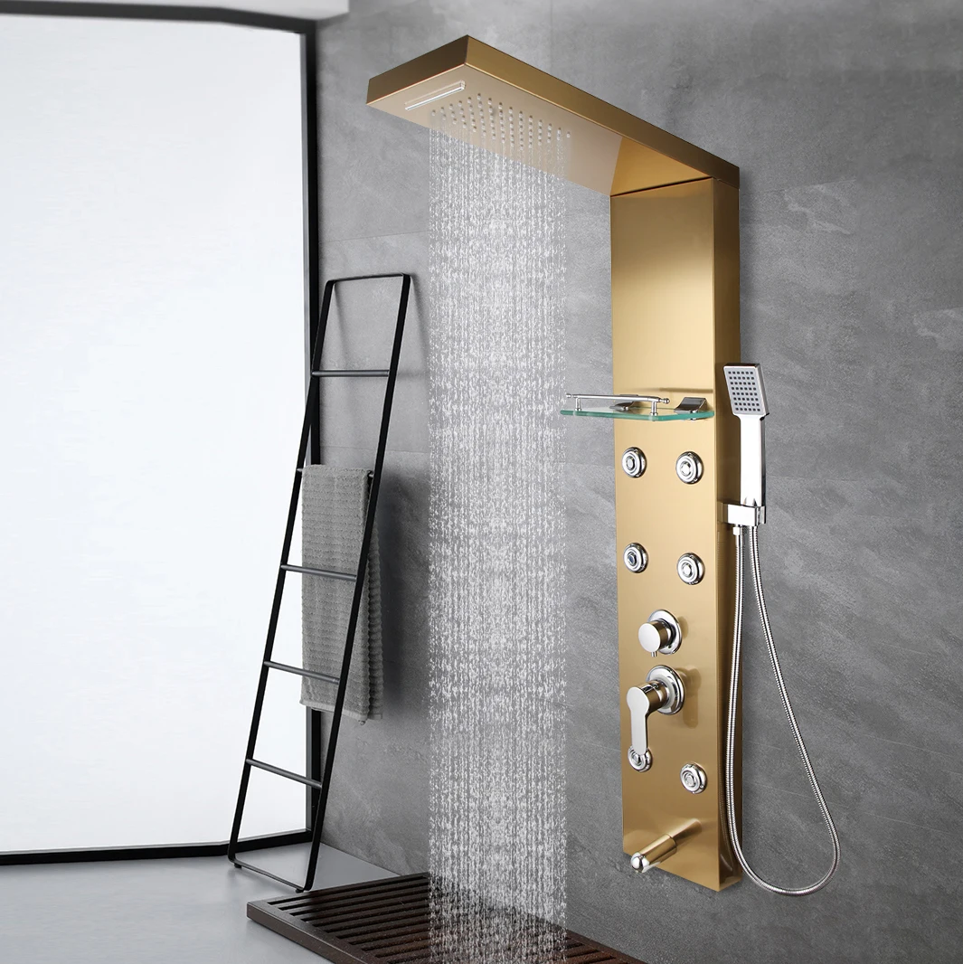 Description Picture 2 of itemKEMAIDI Bathroom Shower Column Golden Plated Wall Mounted w/ Shelf Hand shower Tub Spout Massage System Shower Panel