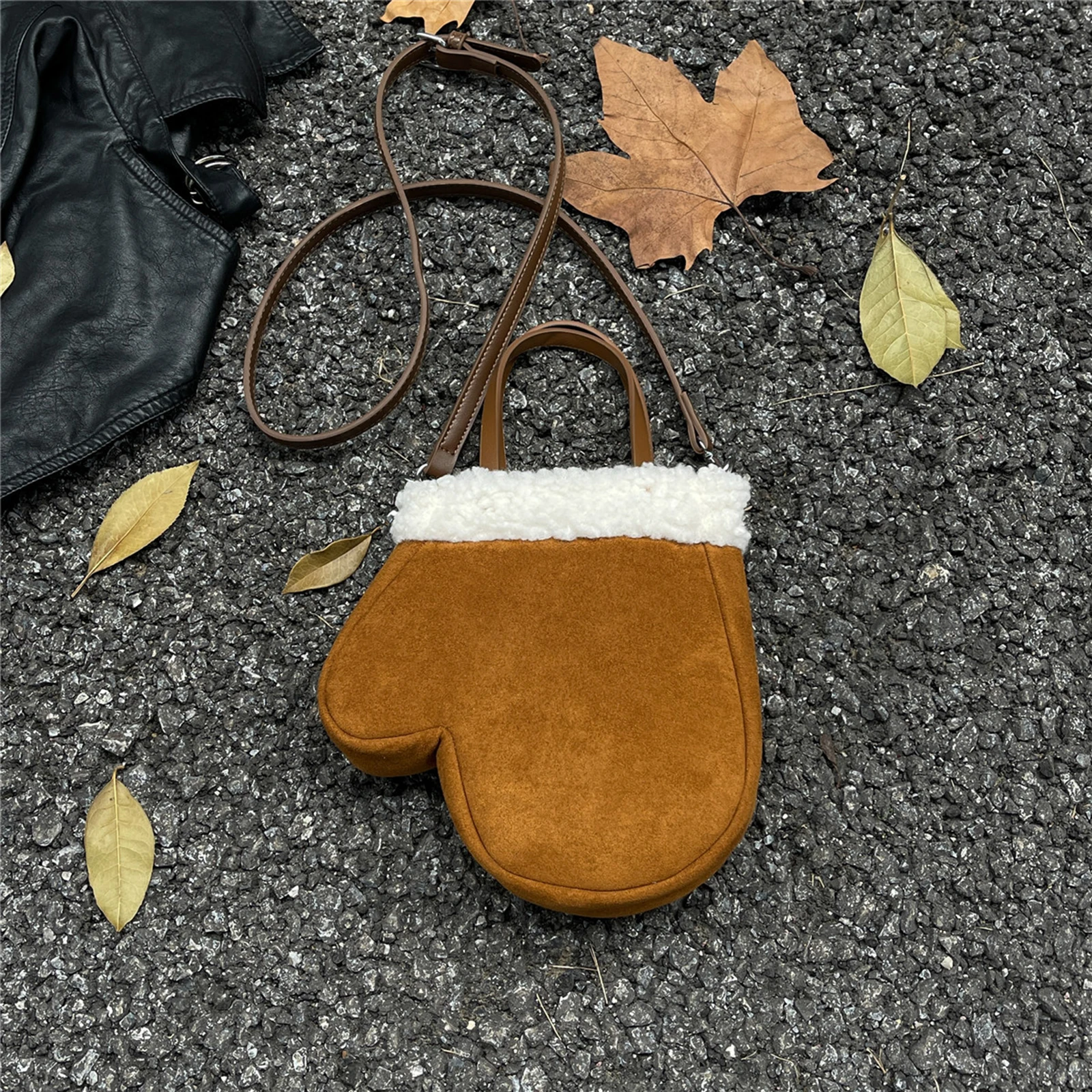 Faux Suede Crossbody Bag Glove Shape Glove Bag Plush Change Purse for Women Daily Travel Shopping