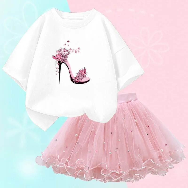 Fashion Summer Girls Outfits Pretty Ballet Dance Girl T-shirt and Tutu Skirt Set for Princess Clothes Suit Children Clothing