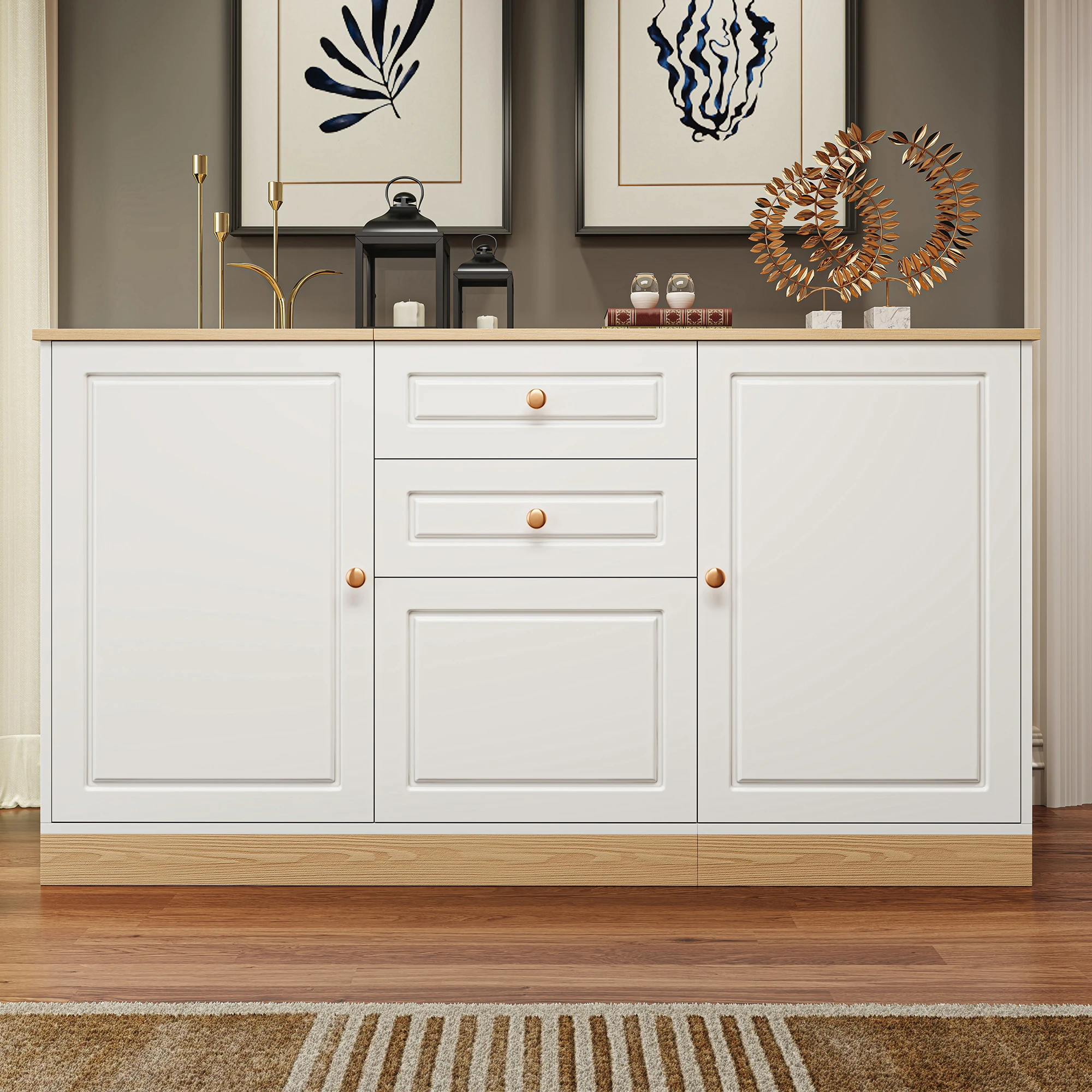 Sideboard mit drei Türen und zwei Schubladen, perfekt für Wohn- und Esszimmer als multifunktionaler Stauraum. – Detail 9