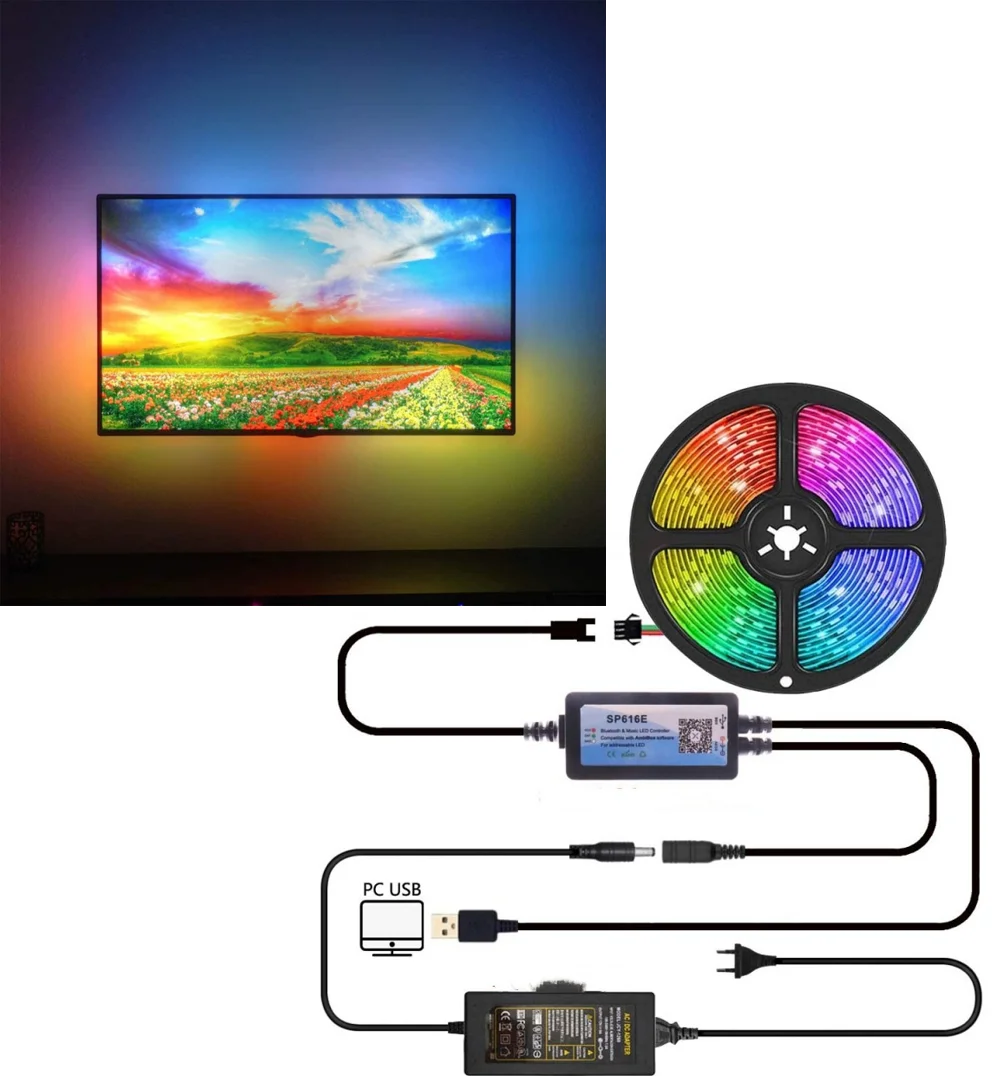 WS2812B LED Strip DIY Ambient PC Dream Screen WS2812 Light USB Computer Monitor Backlight SP616E Bluetooth&Music Controller Set 1 5m usb ambient led strip ws2812 rgb light computer monitor desktop pc screen backlight lighting ambient tape ribbon string