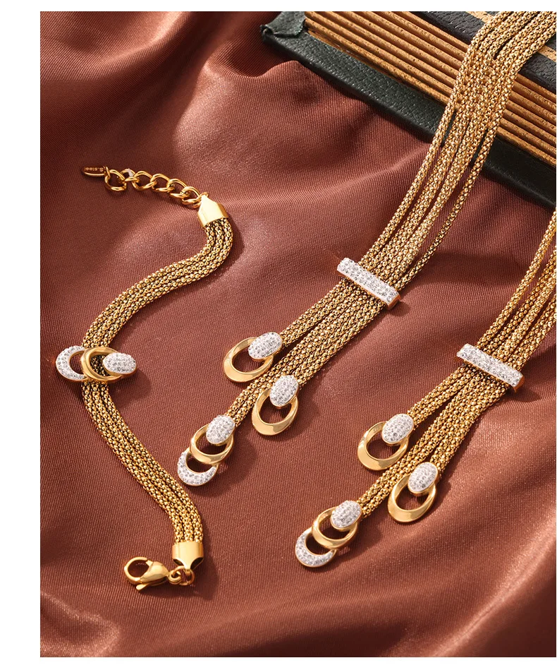 Neue Edelstahl Vergoldete 3-Schicht-Ketten-Halskette für Damen Luxus Kristall-Anhänger Armband Halskette Set Schmuck Geschenk – Detail 9