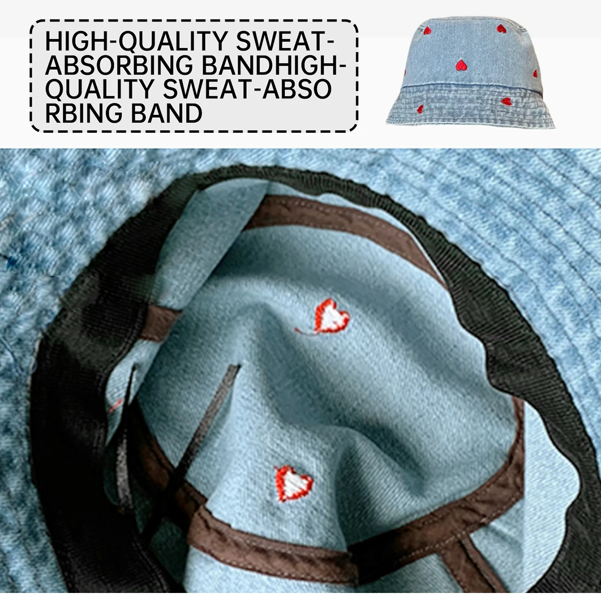 Women's Japanese-Style Denim Bucket Hat with Large Head Circumference, Sunshade and Sun Protection, Versatile, Face-Slimming, Trendy, Fashionable, Youthful, Cute, Embroidered