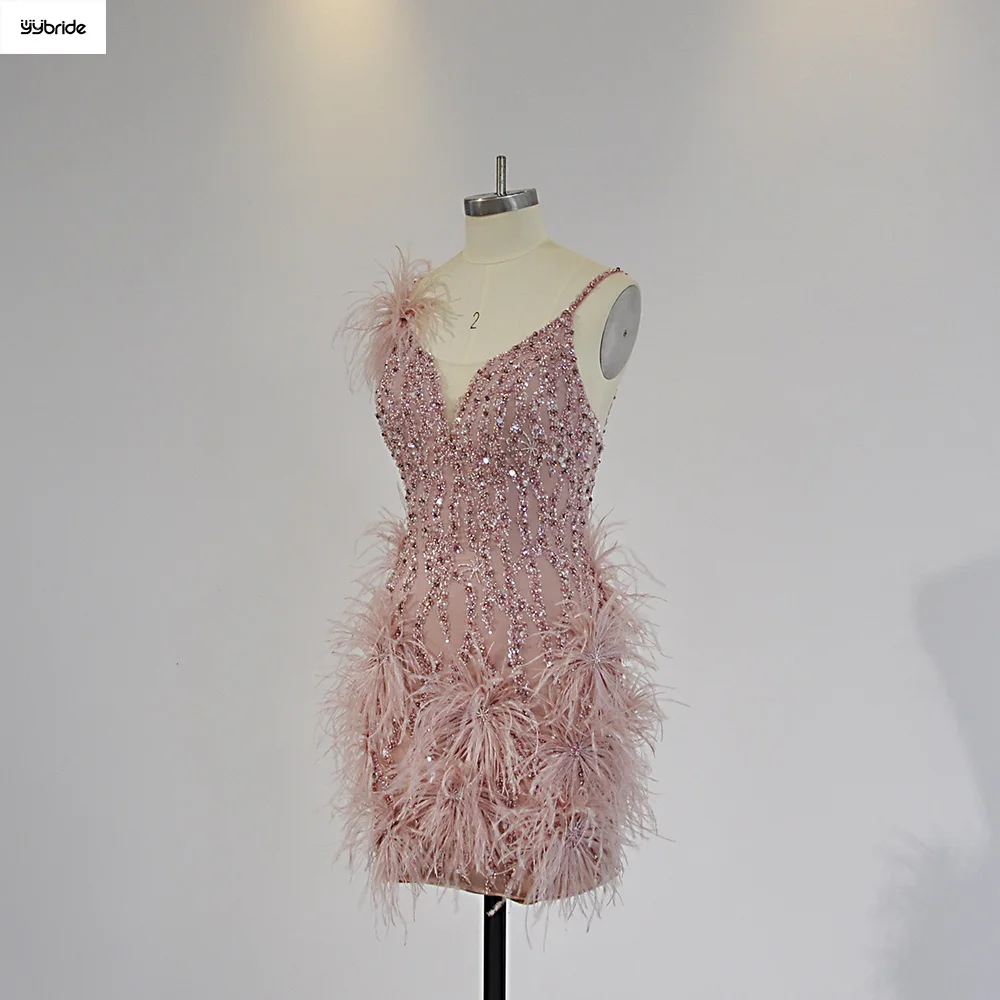 YYbride Newest Pink Feathers Beading Crystals V-neck Backless Sexy Young Girls Mini Cocktail Dresses