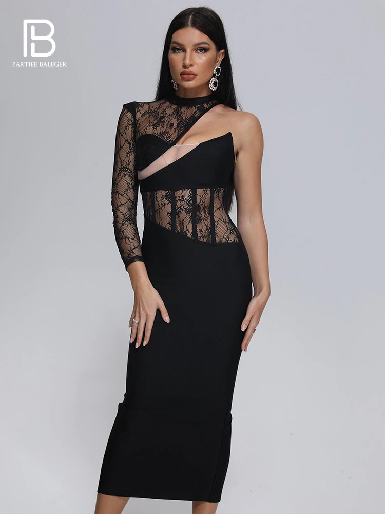 Dresses For Women 2023 Lace Splicing One Sleeve Black Mesh Bandage Midi